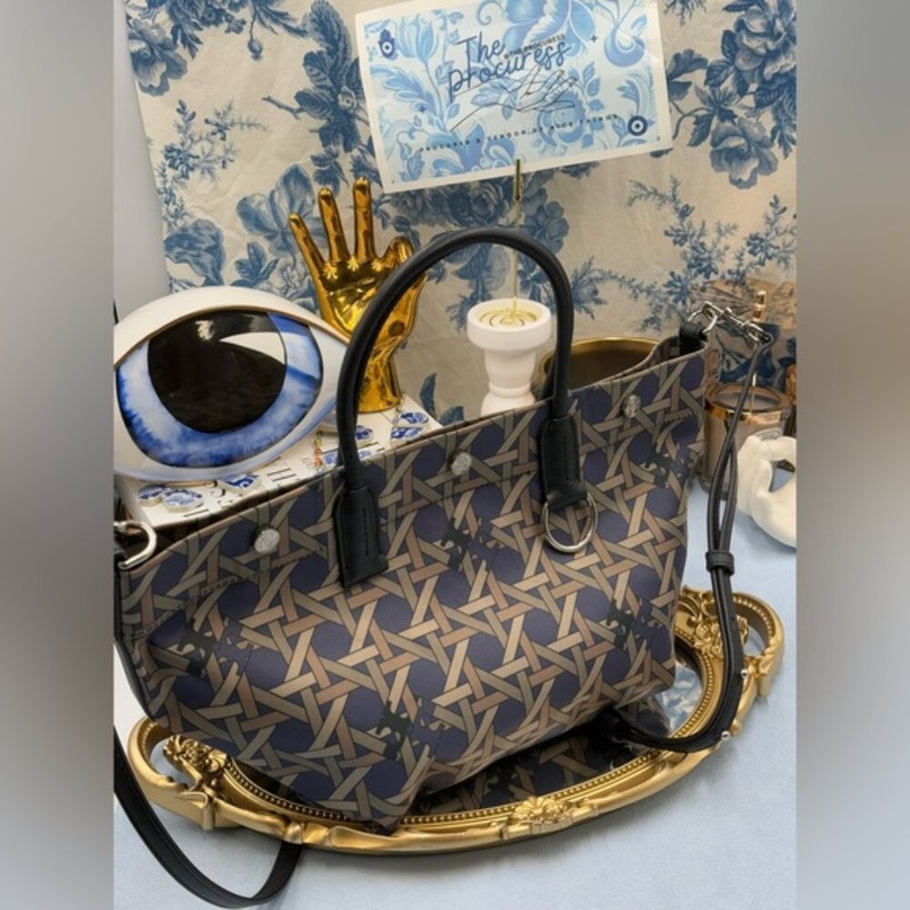 🆕 TORY BURCH 🧿 NWOT Small Basketweave Tote Bag, Cotton Canvas & Leather - AUTH - Picture 8 of 16